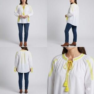 Zara Trafaluc Bohemian Blouse Top Womens XS White Classic Neon Yellow Detailing